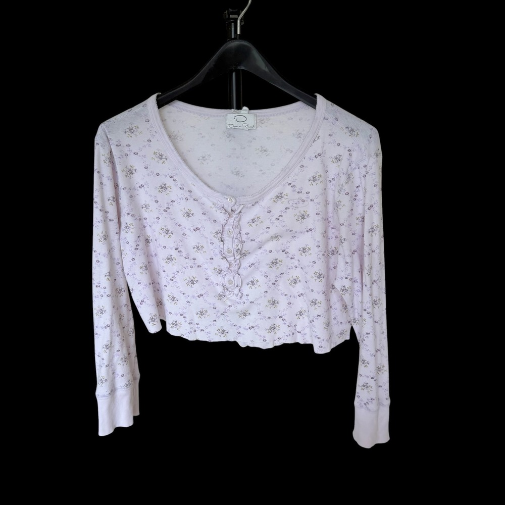Y2K Coquette Lavender Floral Cropped‎ Henley Top Long Sleeve Cottagecore Large
